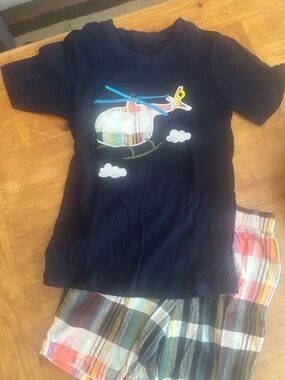 Helicopter Applique Tee with plaid Shorts
